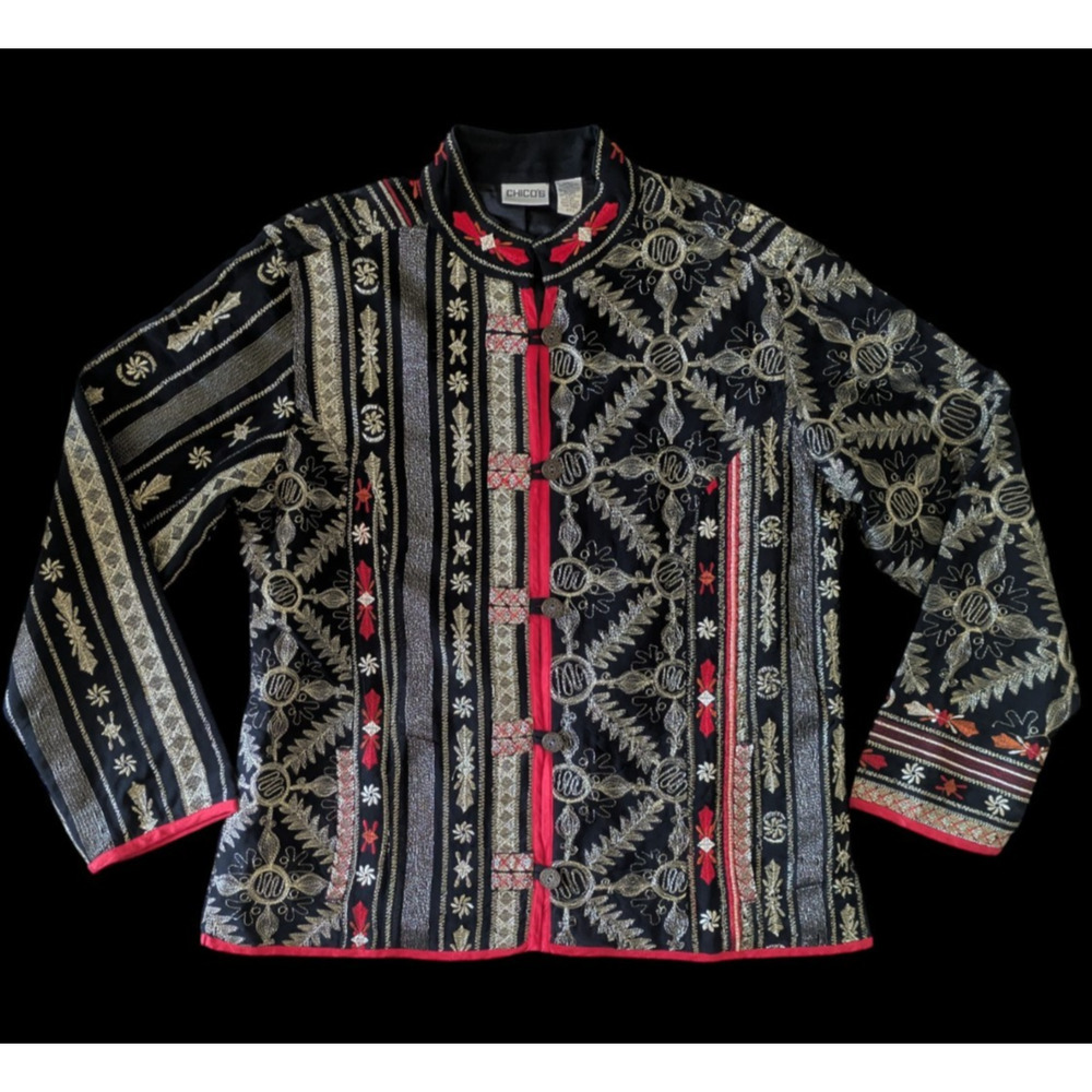 Chicos Black Red Gold Metallic Embroidered Asian Artsy Jacket Blazer Sz 2 Large